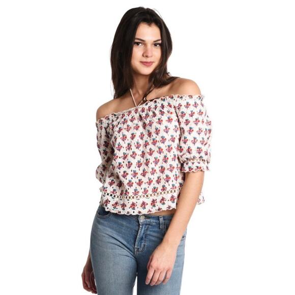 Saylor Renada Floral Eyelet Tassel Halter Off The Shoulder Top S - Picture 3 of 12